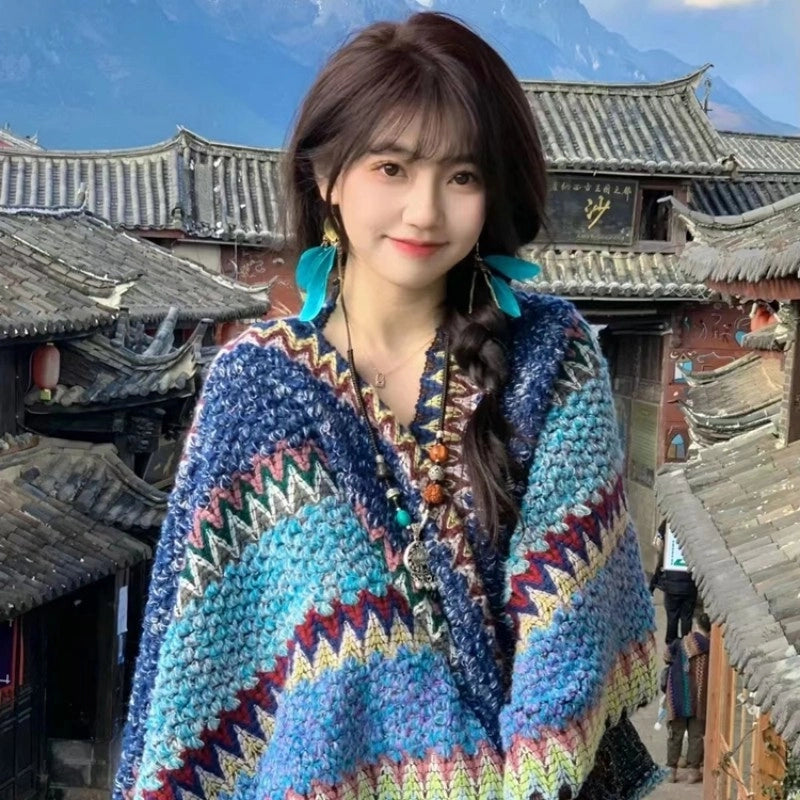 Travel Outside Knitted Shawl Ethnic Style Vintage Cape Cloak Tassel Scarf For Vacation Wear