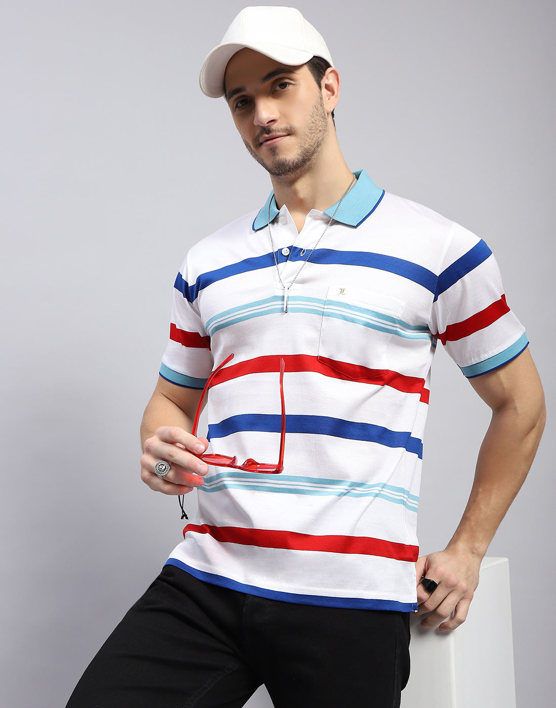 Men White Stripe Polo Collar Half Sleeve T-Shirt