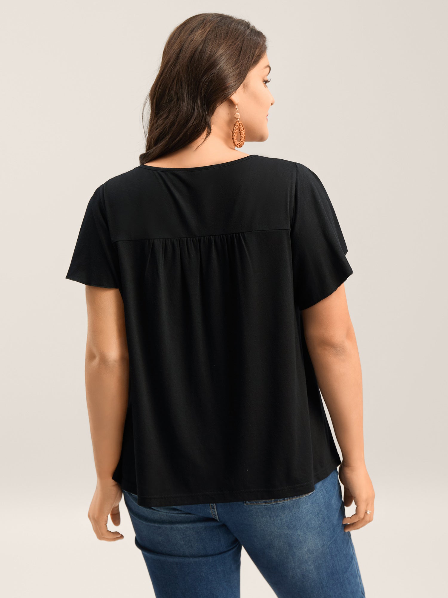 Floral Embroidered Neckline Flared Sleeve Top