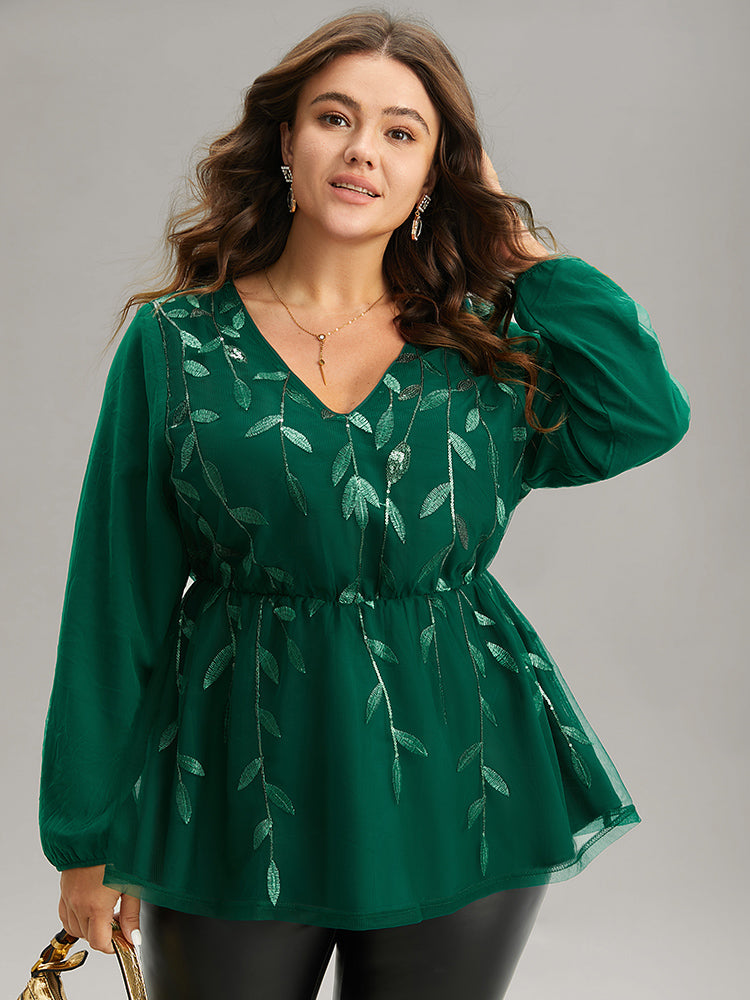 Leaves Embroidered Sequin Tiered Mesh Blouse