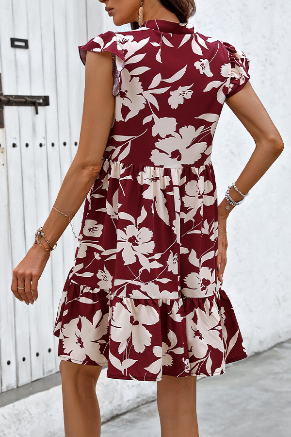 Fashion Floral Printed Ruffle Hem Mini Dress