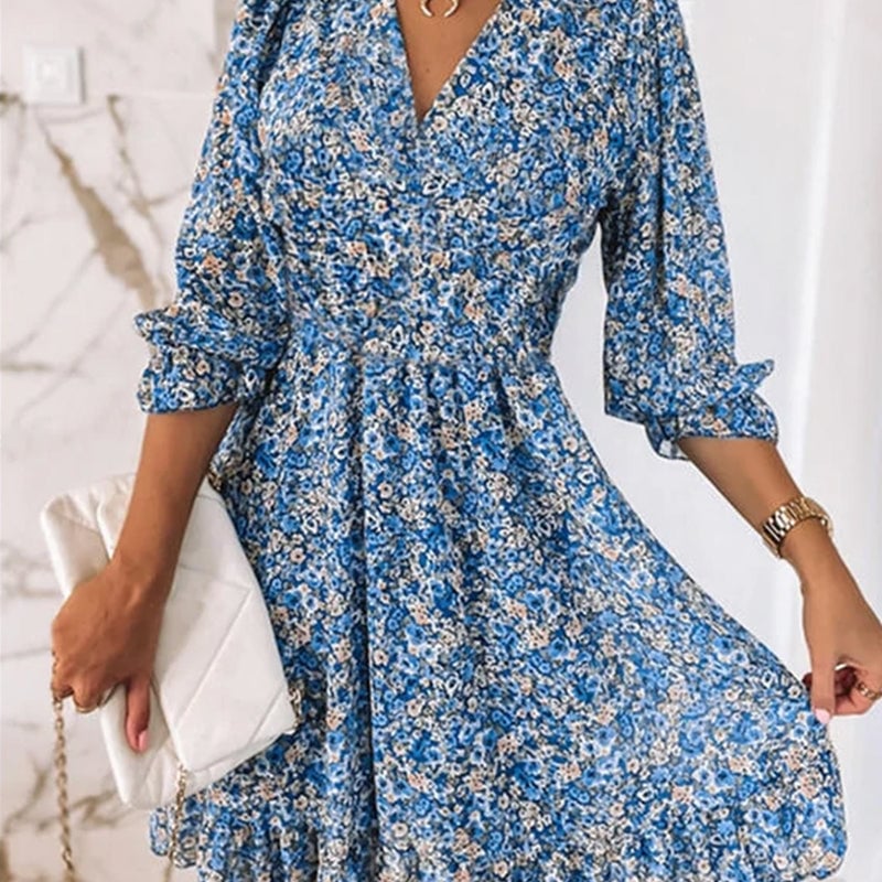 49% OFF🔥Puff Sleeve Mid Waist Floral Dress