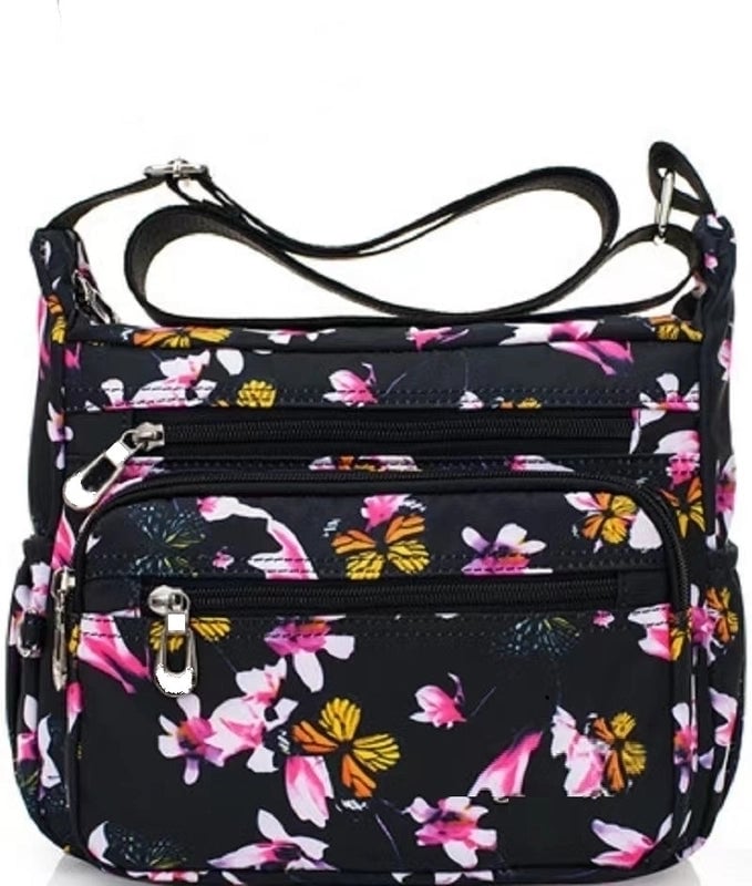 Women's Medium Nylon Flower Basic Zipper Shoulder Bag