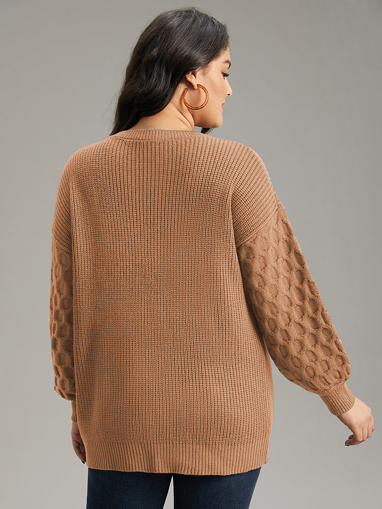 Solid Cable Knit V Neck Drop Shoulder Pullover