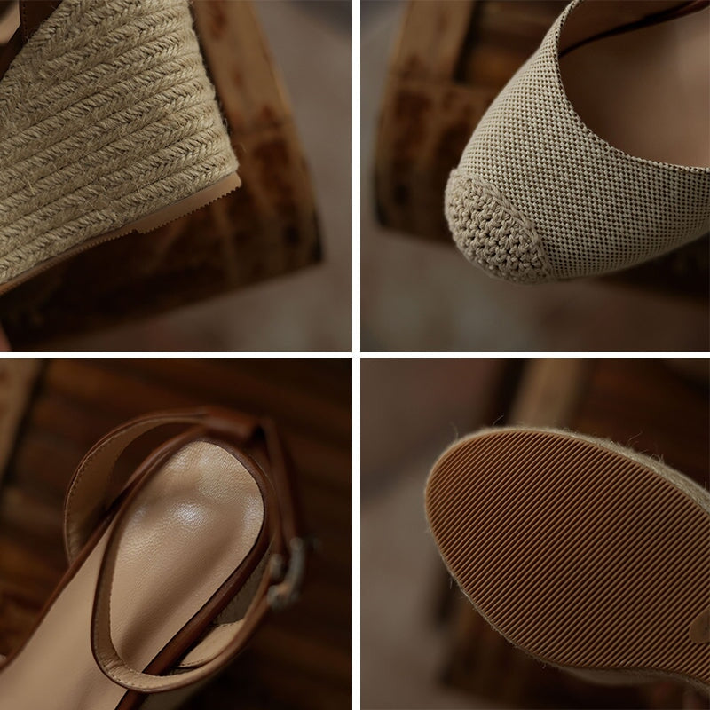 100mm Slingback Espadrille-Wedge Leather Sandals Ankle Strap in Apricot/Blue