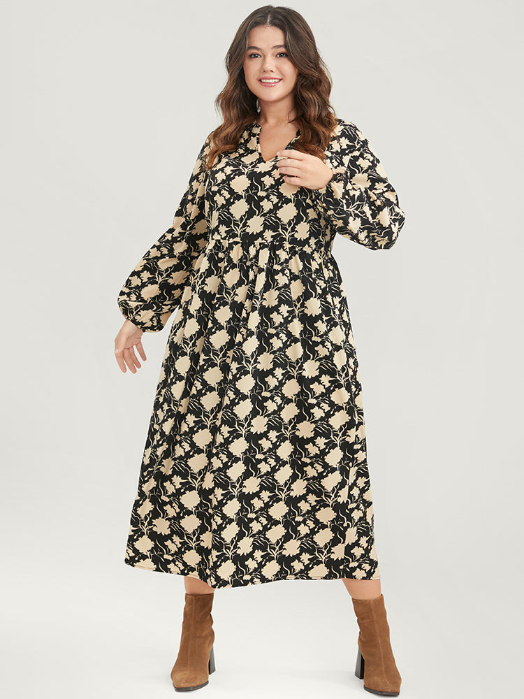 Floral Lantern Sleeve Pocket V Neck Midi Dress