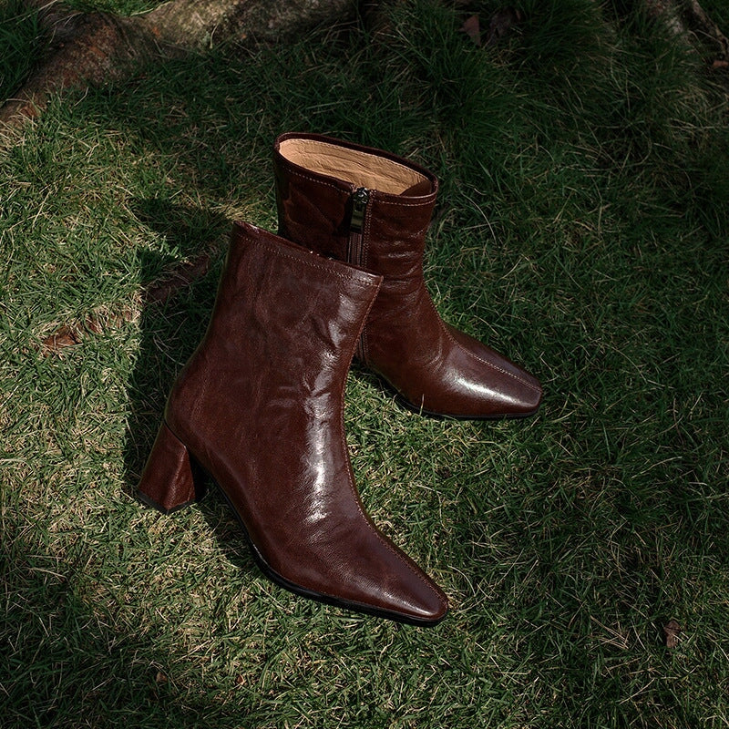 Squared Toe Leather Slimming Boots Sock Boots in Black/Brown