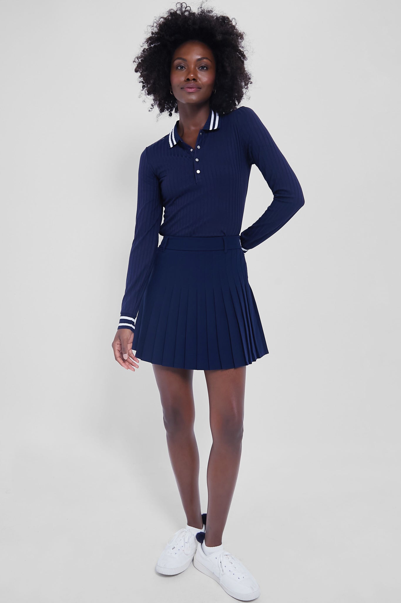 Refined Navy 4 Way Stretch 15 Inch High Waisted Pleated Skort