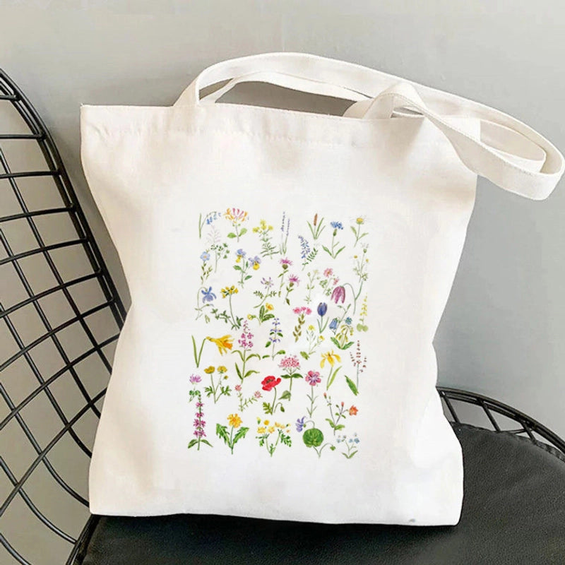Women's Medium Canvas Flower Basic Classic Style Square Open Canvas Bag