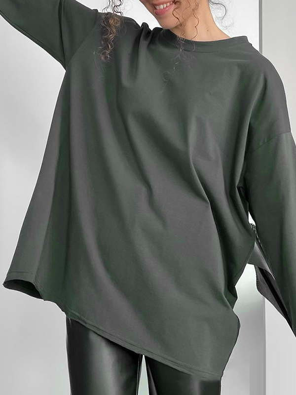 Long Sleeves Loose Solid Color Round-Neck T-Shirts Tops