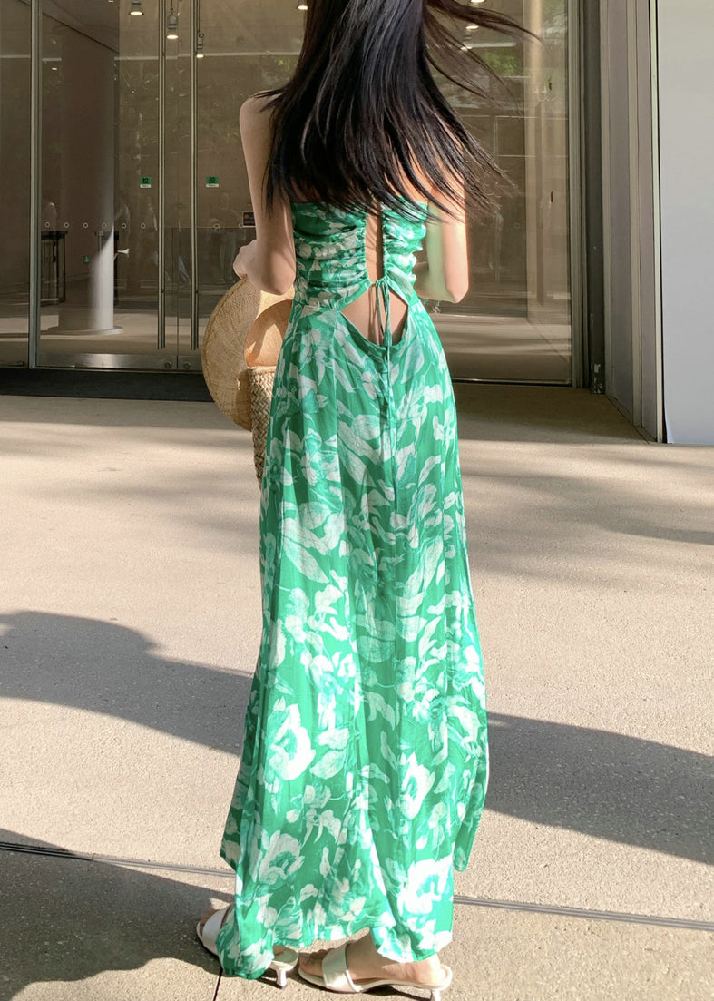 Slim Fit Green Print High Waist Cotton Spaghetti Strap Dress Summer
