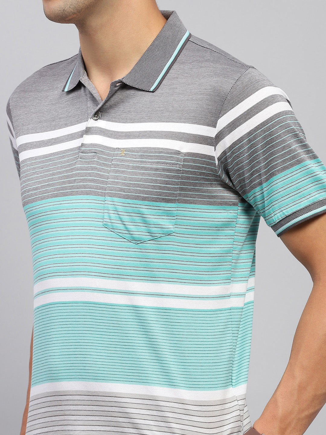 Men Grey & Green Stripe Collar Half Sleeve T-Shirt