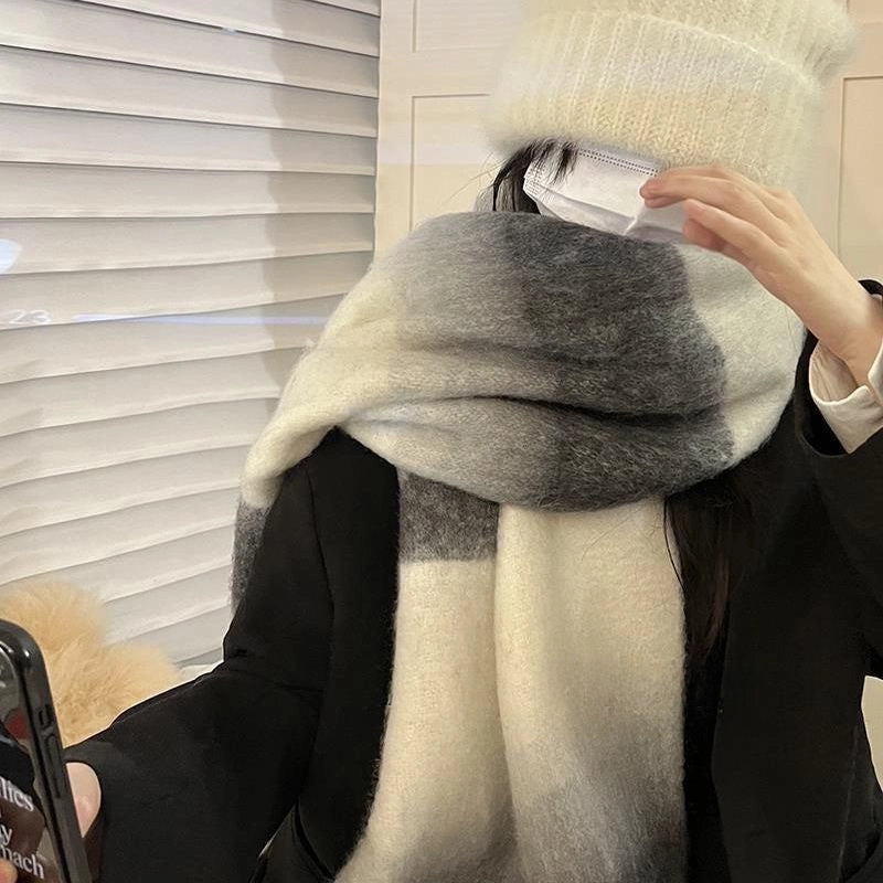 Plaid Scarf Women's Winter High-grade Gradient Mohair Thickened Warm Scarf New Cashmere-like Shawl