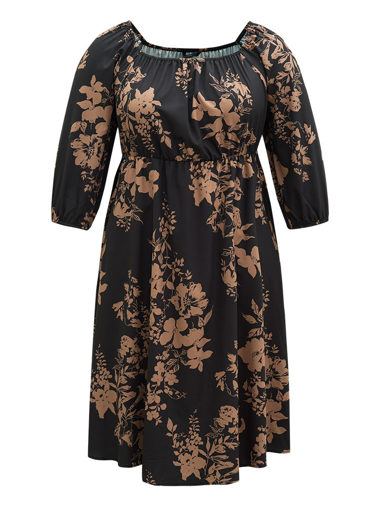 Silhouette Floral Print Elastic Cuffs Dress