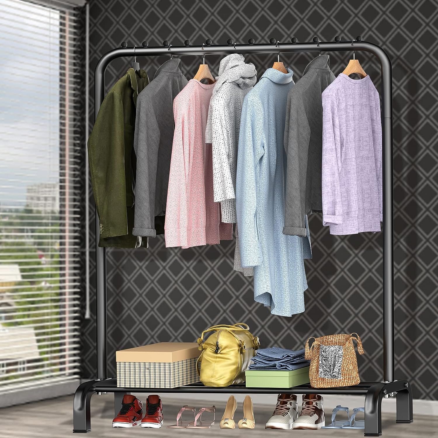 Large Space Clothes Rail. Stable. Minimalist Design Freestanding Clothes Rack For Bedroom. Black