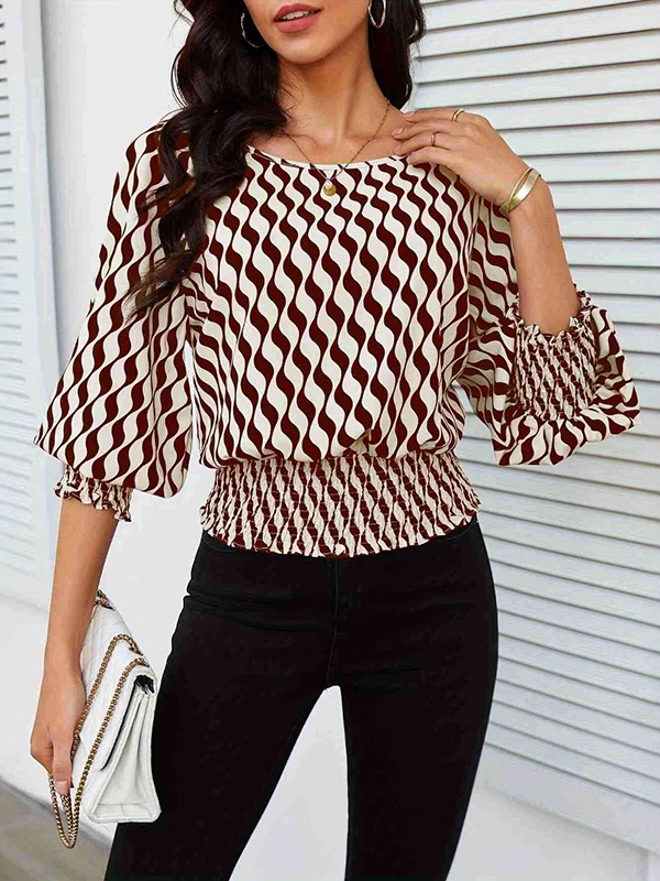 Loose Puff Sleeves Elasticity Printed Split-Joint Round-Neck Blouses&Shirts Tops