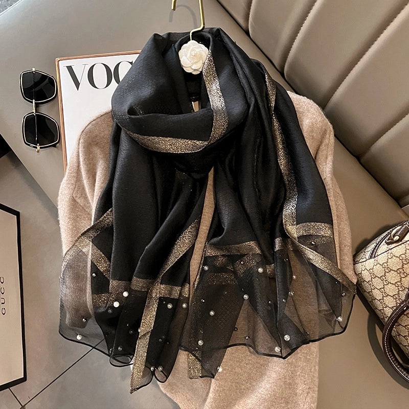 Women's Minimalist Color Block Satin Pearl Silk Scarf