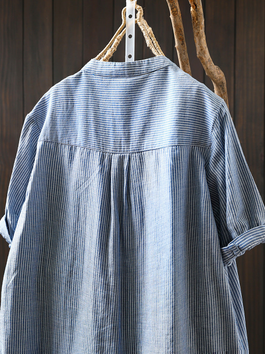 Women Summer Casual Stripe V-Neck 100%Cotton Shirt