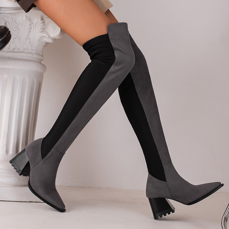 Suede Colorblock Patchwork Pointy Toe Chunky Heels High Leg Boots