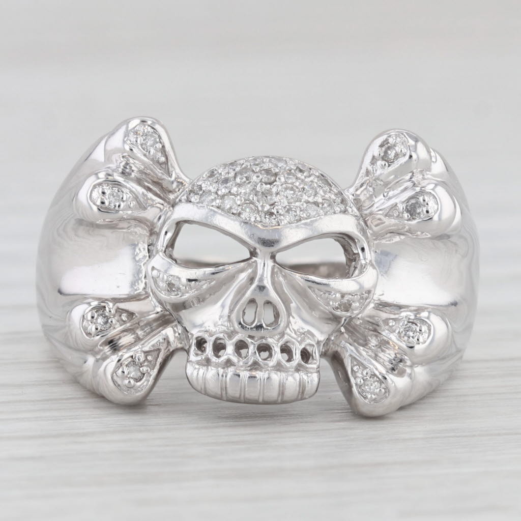 0.15ctw Diamond Skull Cross Bones Ring 14k White Gold Size 12.25 Biker