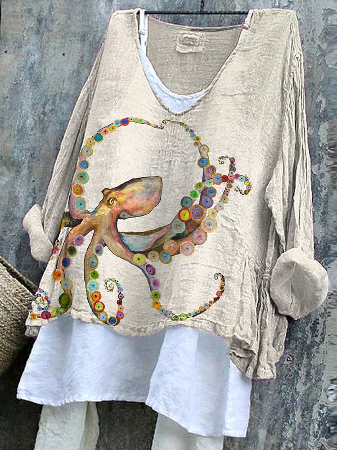 Women's Retro Style Loose Versatile Octopus Printed Long -Sleeved T -Shirt