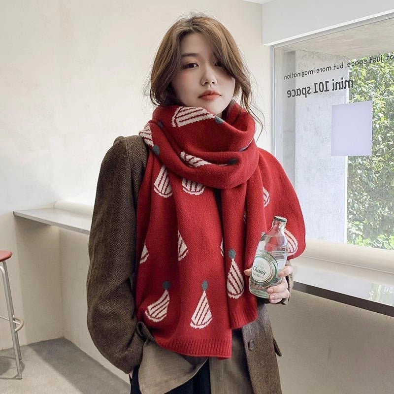 Christmas Gift Red Christmas Hat Wool Scarf Women's Winter Warm  Versatile Knitted Scarf Student