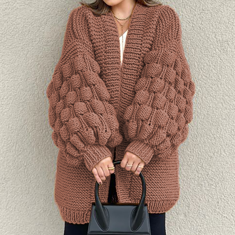 Retro Loose Puff Sleeves Thick Wool Knitted Cardigan