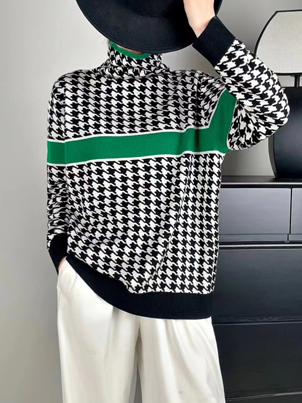 Long Sleeves Loose Contrast Color Houndstooth Split-Joint High Neck Pullovers Sweater Tops