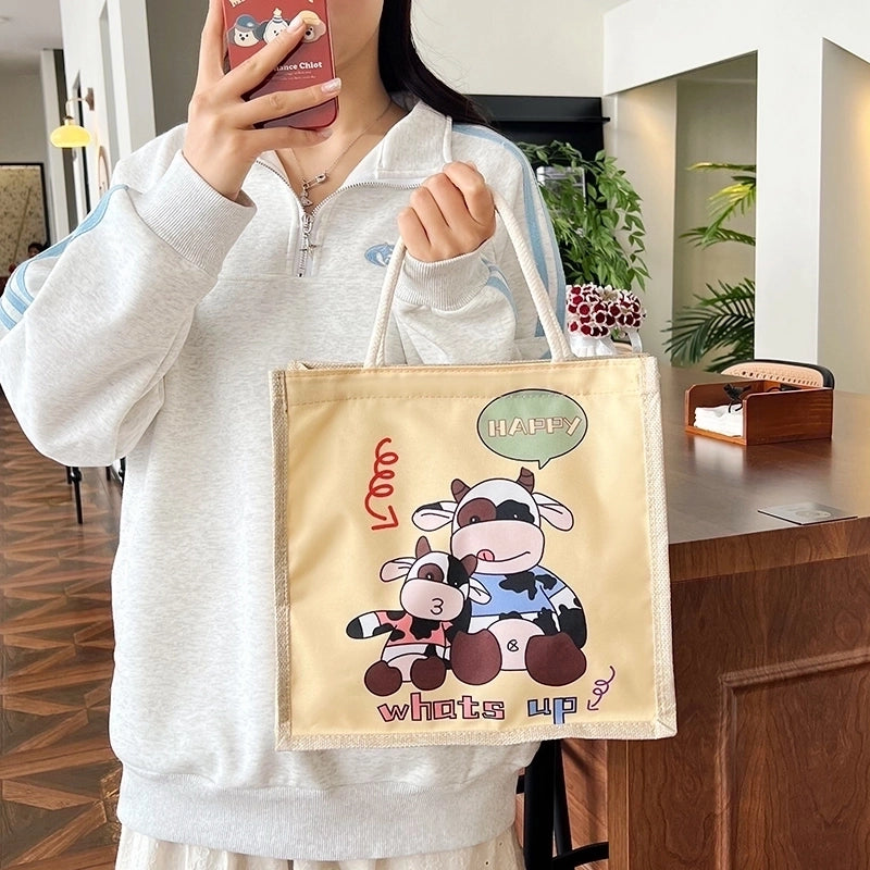 Women's Linen Animal Cartoon Classic Style Sewing Thread Square Zipper Handbag