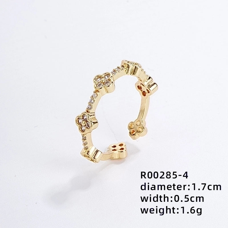 Copper Gold Plated IG Style Minimalist Plating Inlay Heart Shape Flower Zircon Open Rings