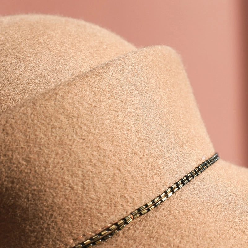 5 Pieces Autumn And Winter Hat Female Bowler Hat Pure Wool Woolen Hat Shaping Hat Elegant Mink Fur Ball Bright Beads Decoration 1215