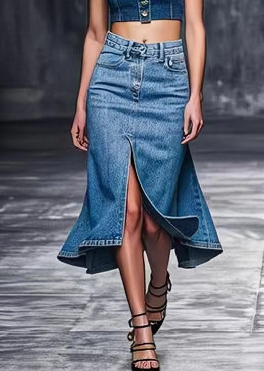 Modern Blue Front Open High Waist Skirts Summer