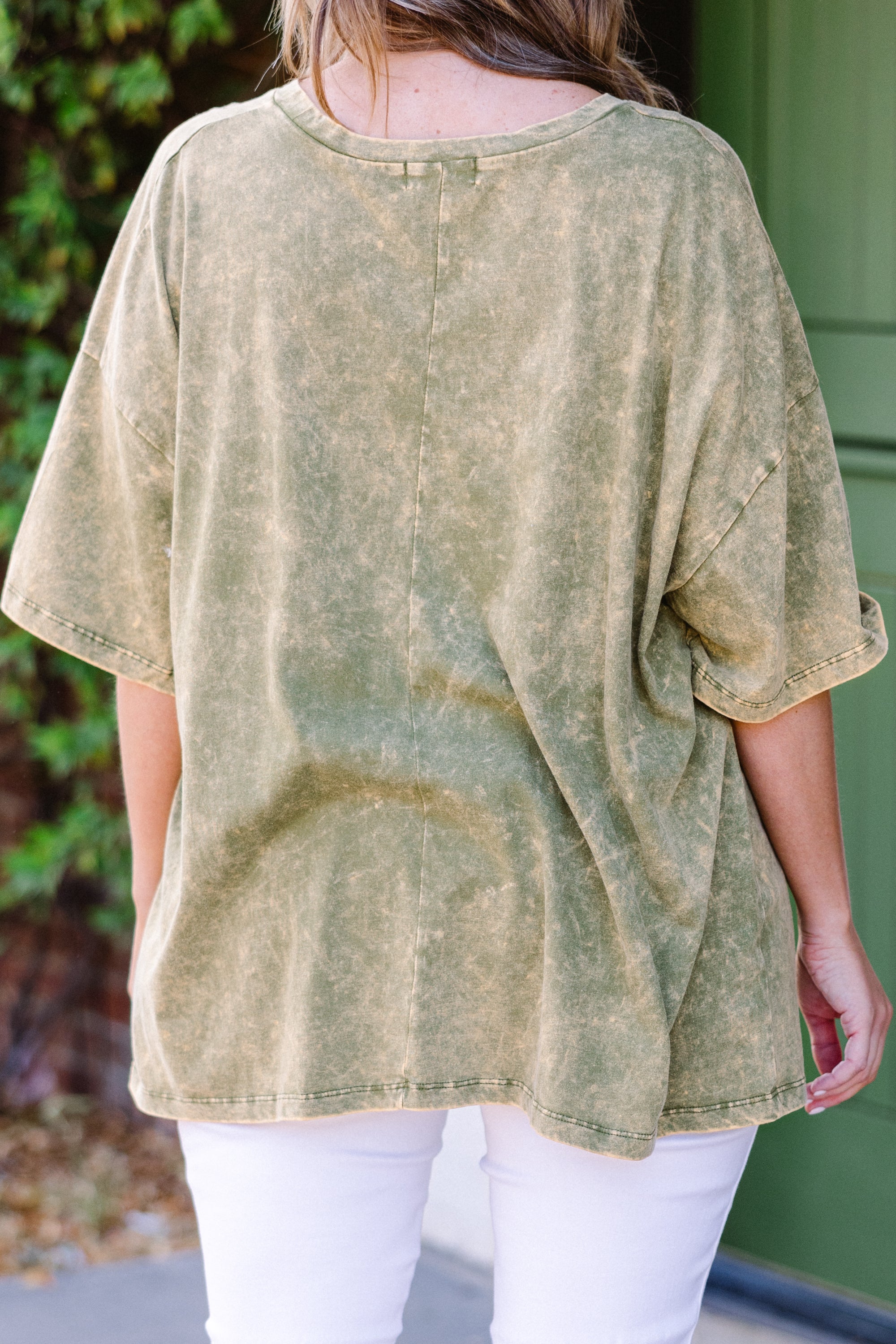 Cowgirl Club Acid Wash Boyfriend Tee. Golden Olive