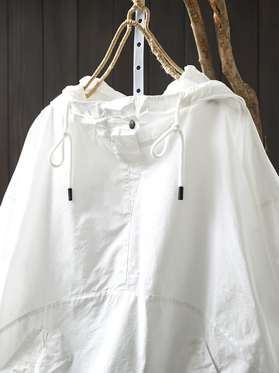 Women Summer Casual Pure Color Hooded Cotton Shirt