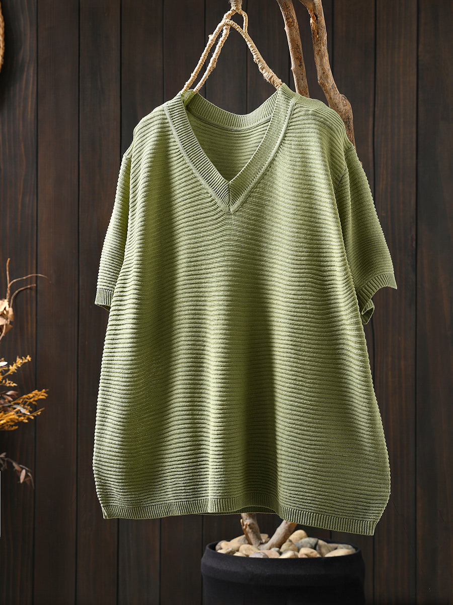 Women Summer Casual Linen Knitted V-Neck Shirt