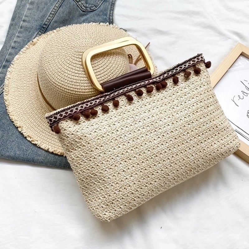 Women's Medium All Seasons Straw Solid Color Basic Streetwear Square Zipper Handbag Straw Bag
