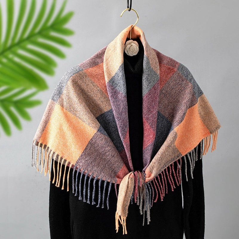Women's Retro Lattice Polyester Tassel Scarf