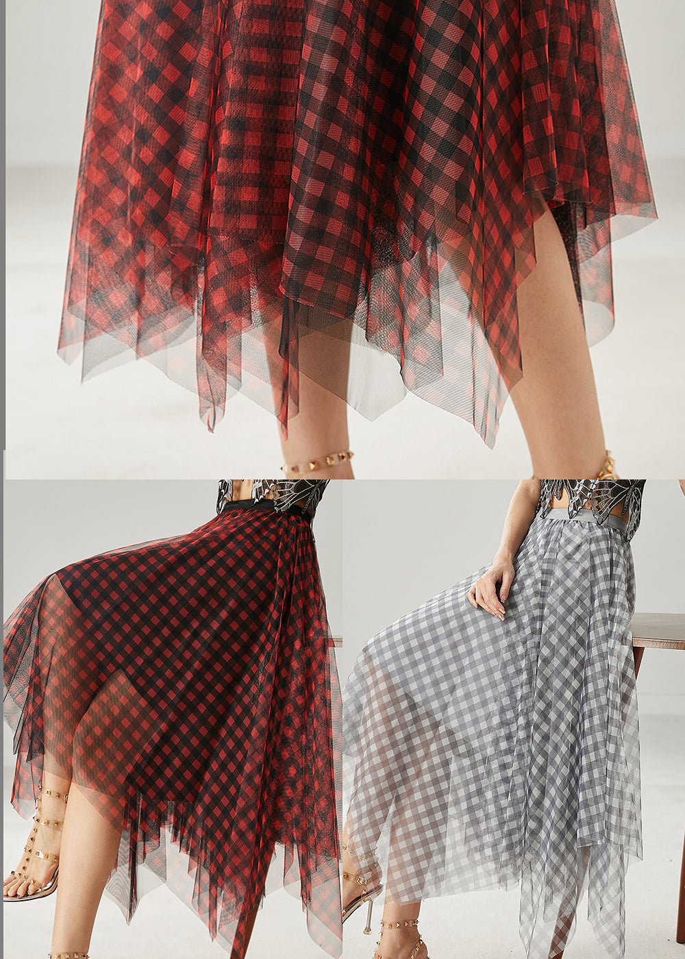 Style Red Asymmetrical Plaid Tulle Skirt Summer