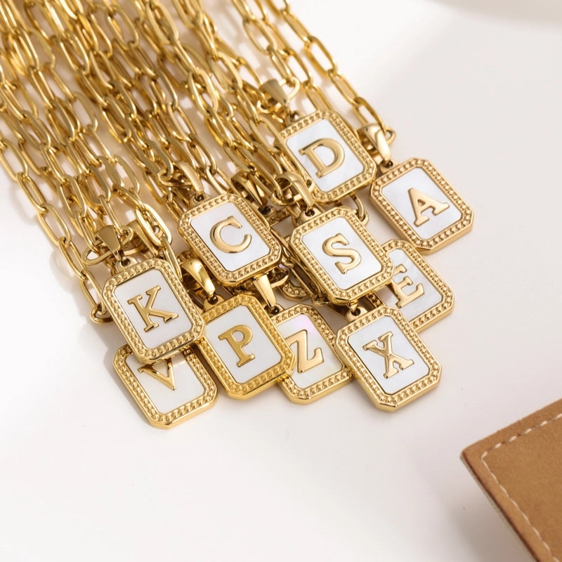 Minimalist Letter Square Titanium Steel Plating Inlay Shell Pendant Necklace 1 Piece
