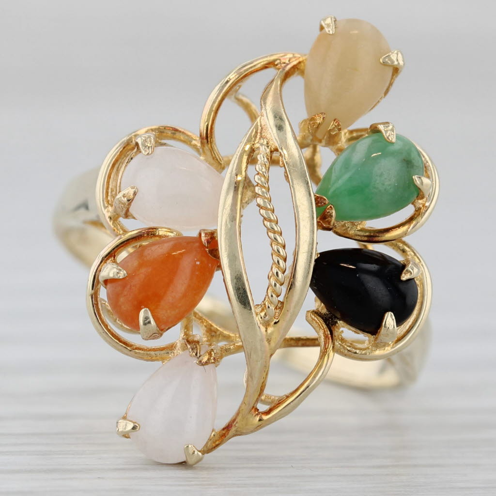 Multicolor Jadeite Jade Ring 14k Yellow Gold Pear Cabochons Size 7.75