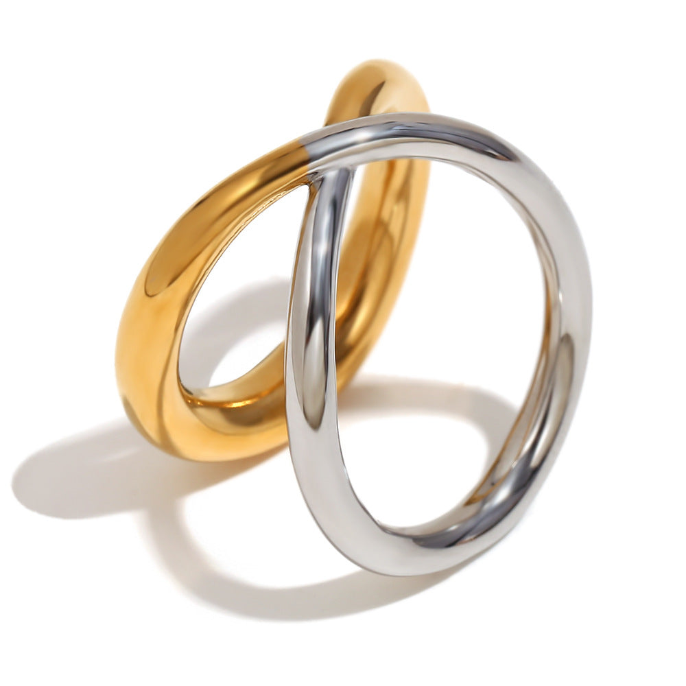 Simple Niche Design All-Match Hand Jewelry Stainless Steel Plated 18K Gold Gold Cross Line Double Layer Ring