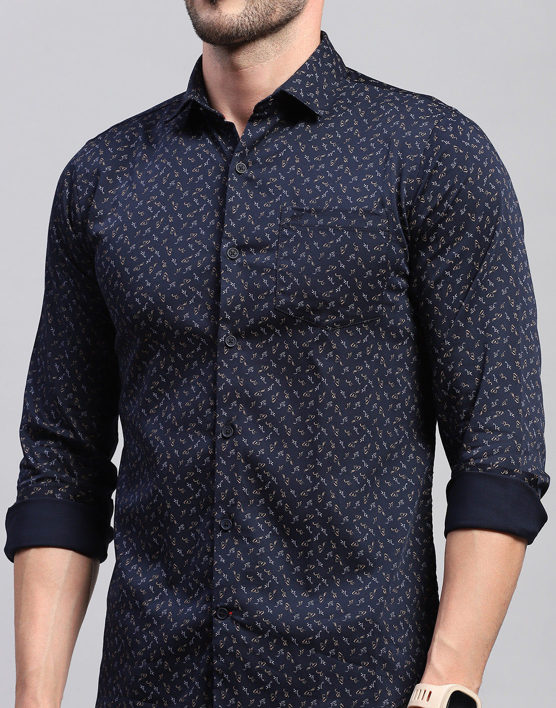 Men Navy Blue Printed Collar Neck Full Sleeve Shirt