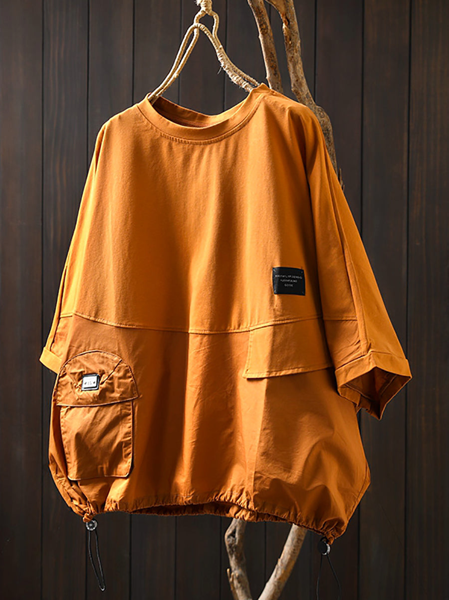 Women Summer Pocket Pure Color O-Neck Cotton Shirt