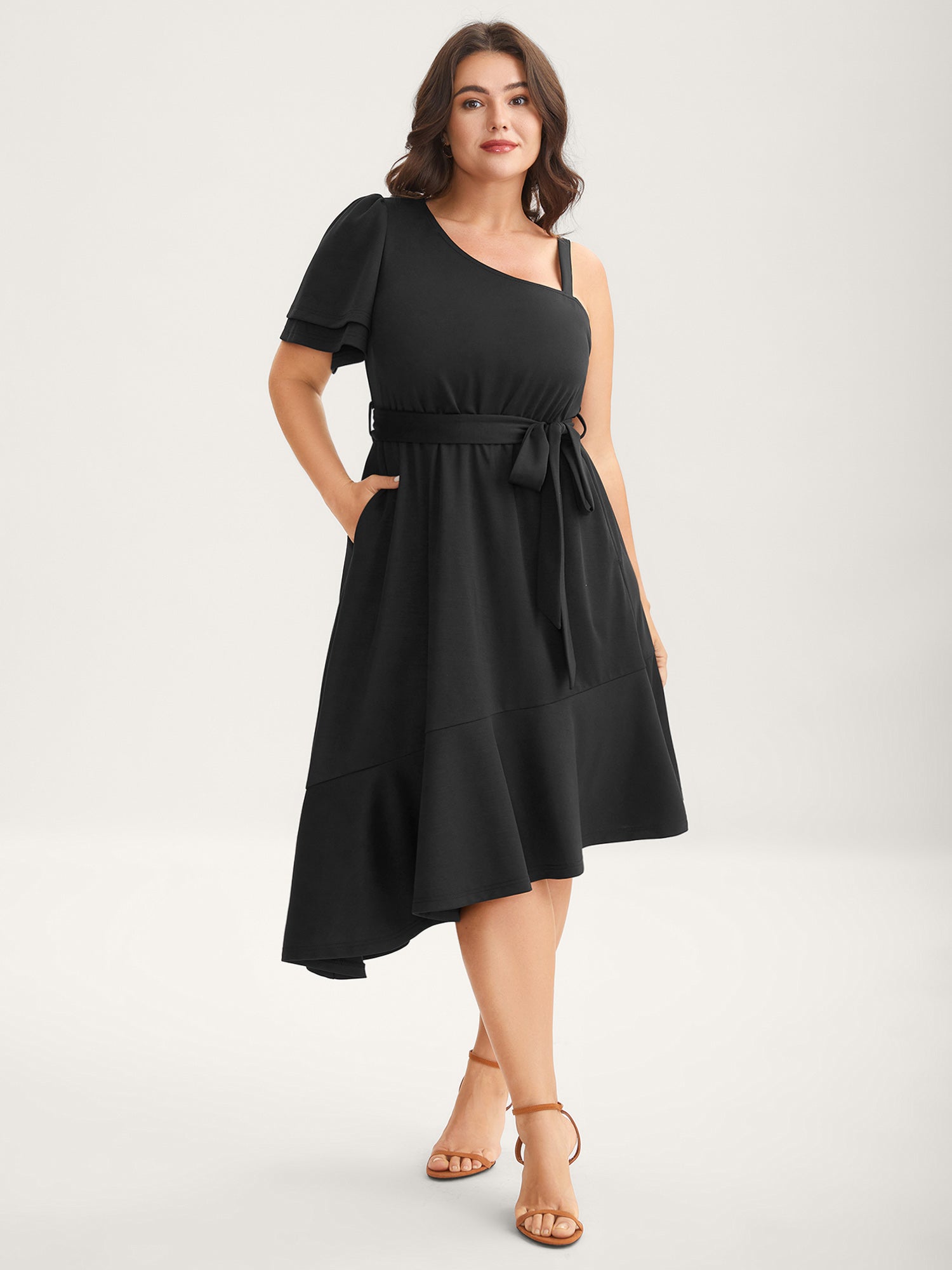 One-Shoulder Ruffled Belted Midi Dress