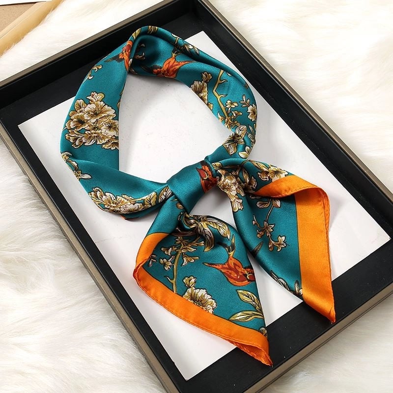 Women's Elegant Color Block Flower Satin Silk Scarf Kerchief