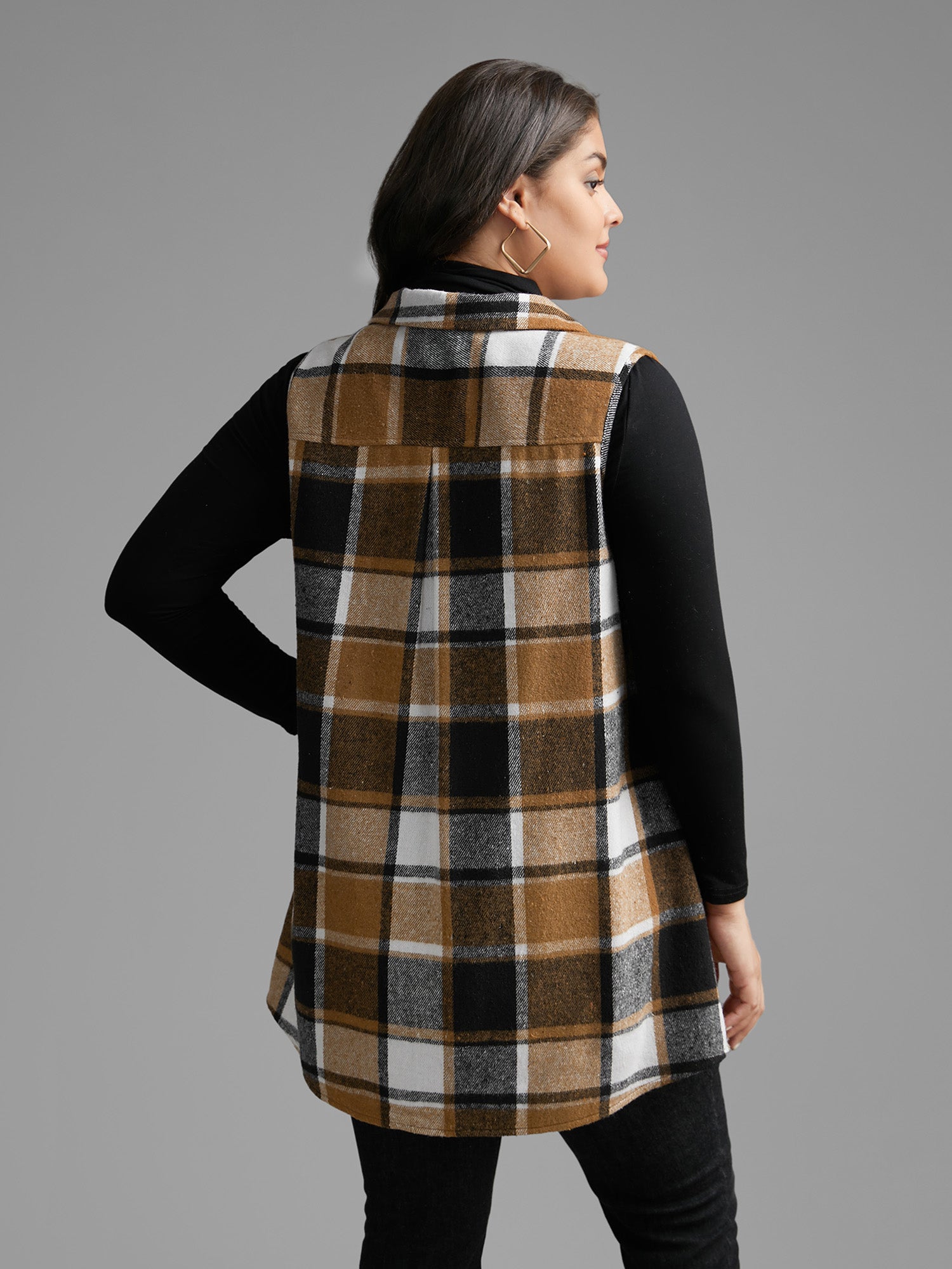 Plaid Flap Detail Sleeveless Jacket