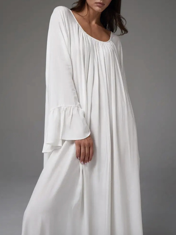 Flared Sleeves Loose Pleated Solid Color Split-Joint Round-Neck Maxi Dresses