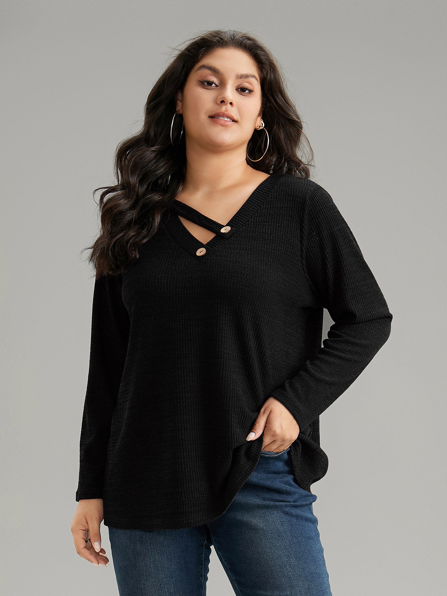 Solid Rib Knit Button Detail T-shirt