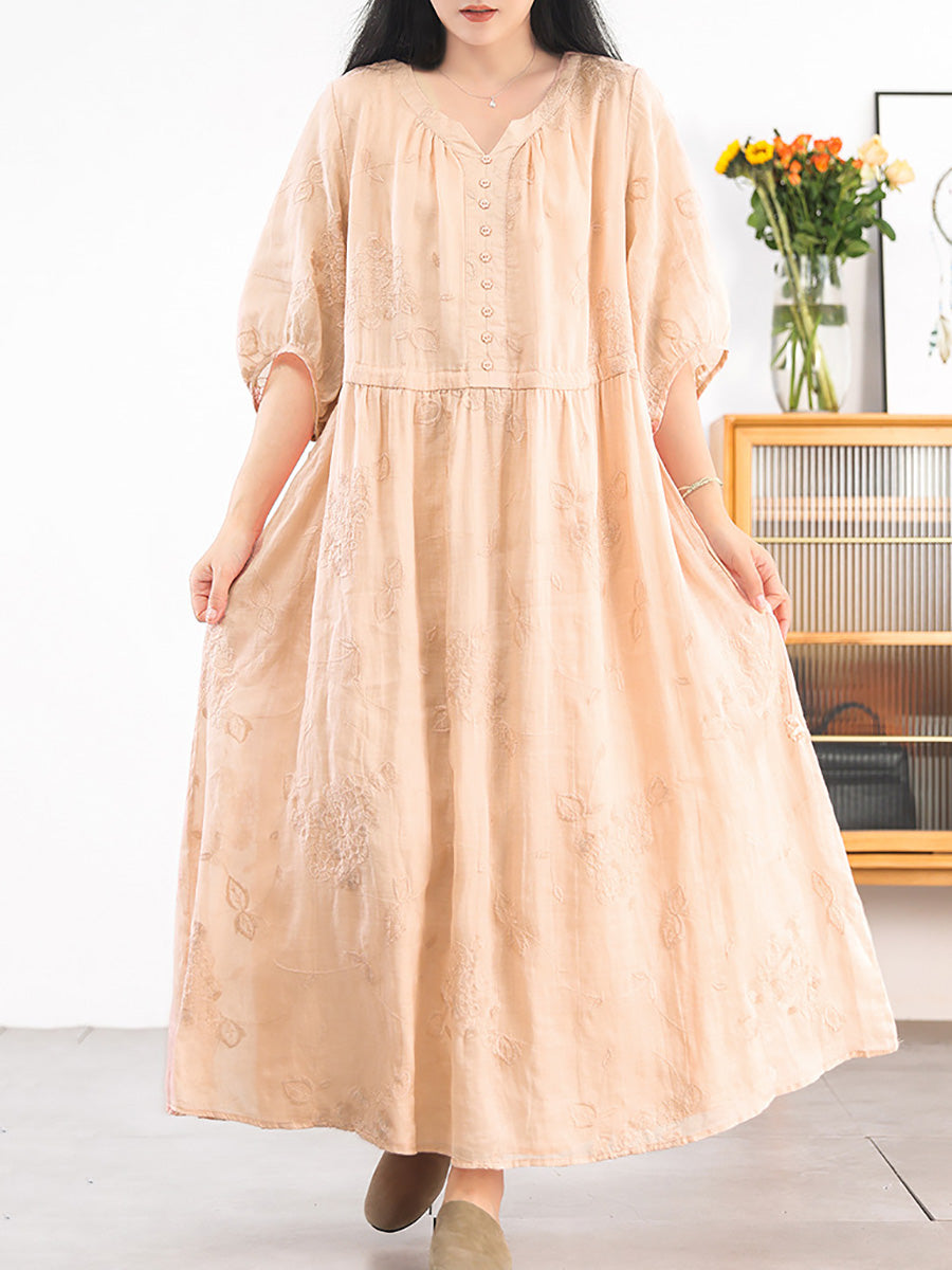 Women Summer Artsy Embroidery V-Neck 100%Ramie Dress