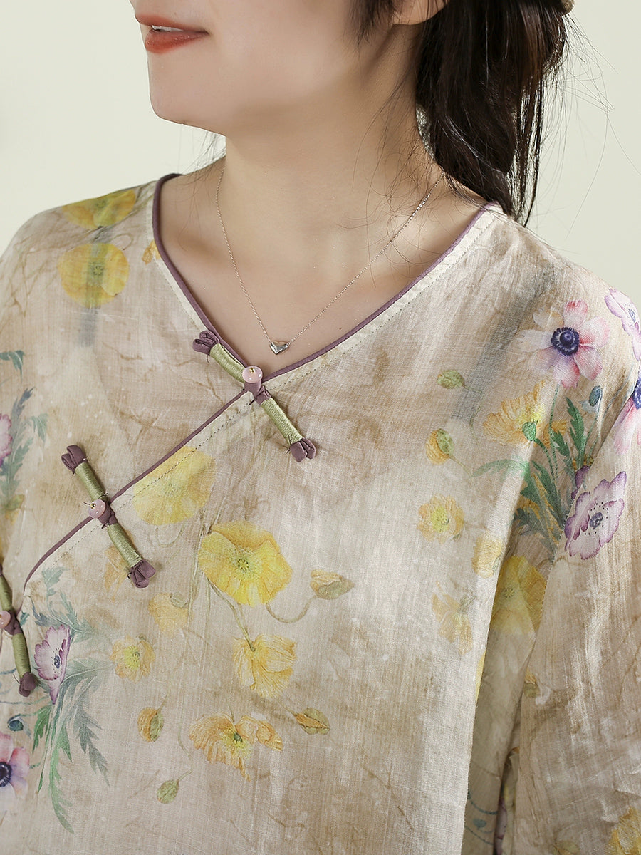 Women Summer Ethnic Flower V-Neck 100%Ramie Shirt